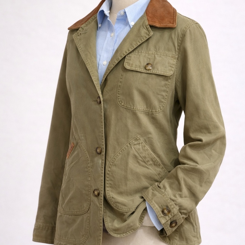 L.L. Bean Vintage Olive Field Jacket | Leather Collar | Petite M